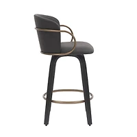 Mid-Century Faux Leather, Wood and Metal 26" Counter Stool with Swivel, Set of 2 - Charcoal, Black and Aged Gold