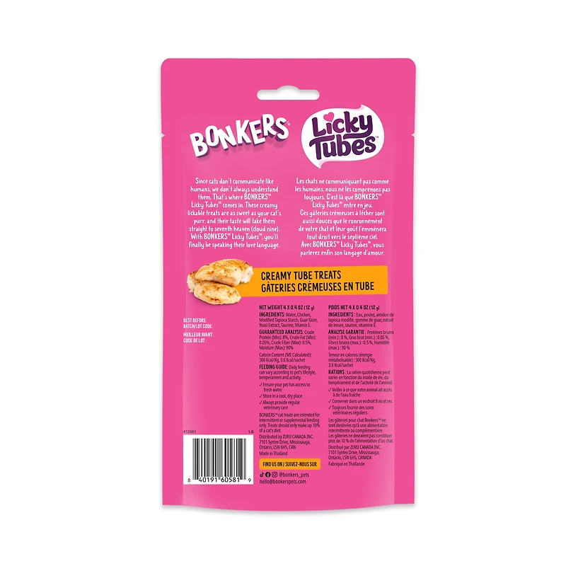 BONKERS Licky Tubes, Chicken Flavor, Wet Lickable Tube Cat Snacks, Treats for Cats, 4 Piece Pouch, Licky Tubes Wet Cat Treats Chicken Recipe 4 Pack