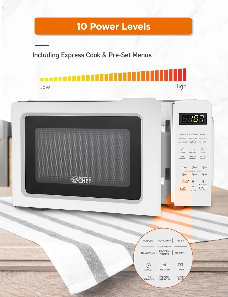 COMMERCIAL CHEF 0.7 Cubic Foot Microwave with 10 Power Levels, Small Microwave with Pull Handle, 700W Countertop Microwave up to 99 Minute Timer and Digital Display, White