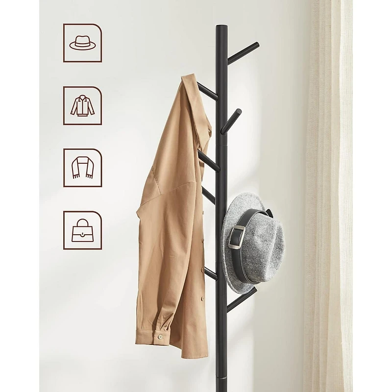 Boutique Home Adjustable Free-standing Coat Rack with 8 Hooks & 3 Height Options, Black