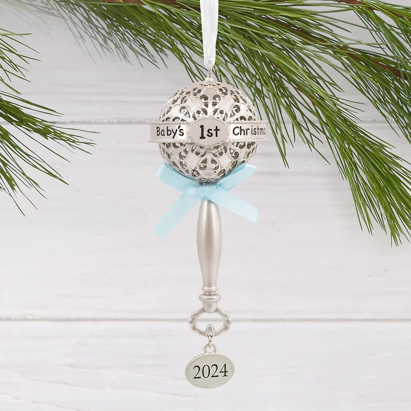 Hallmark Christmas Ornament (Baby's First Christmas Silver Baby Rattle With Blue Ribbon 2024 Premium Metal)