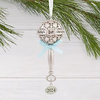 Hallmark Christmas Ornament (Baby's First Christmas Silver Baby Rattle With Blue Ribbon 2024 Premium Metal)