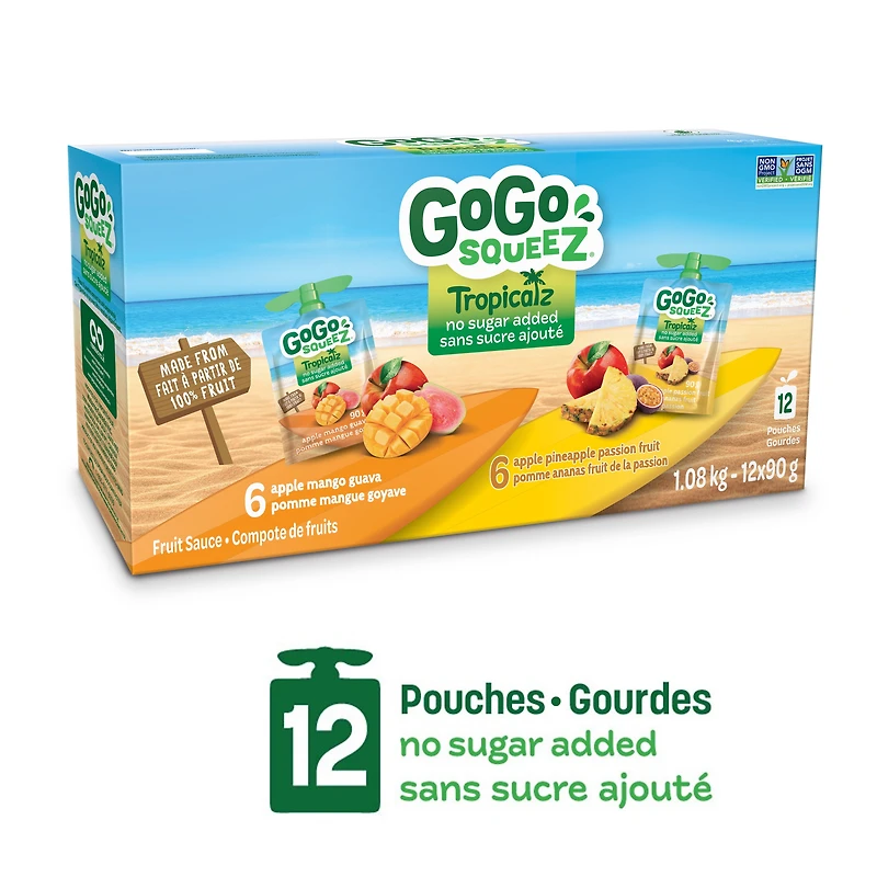 GoGo squeeZ Tropicalz Fruit Sauce Variety Pack, Mango Guava, Pineapple Passion Fruit, No Sugar Added. 90g per pouch, Pack of 12, 1.08kg