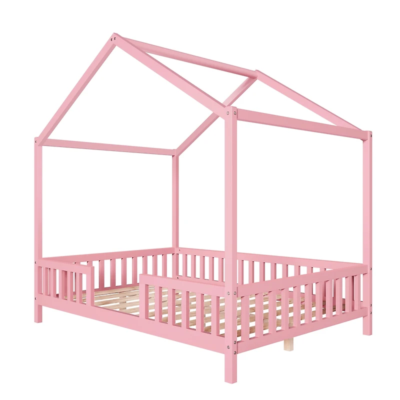 Homy Casa Lit cabane Montessori taille complète avec baldaquin, cadre en bois rose pour enfants avec barrières, sûr et robuste
