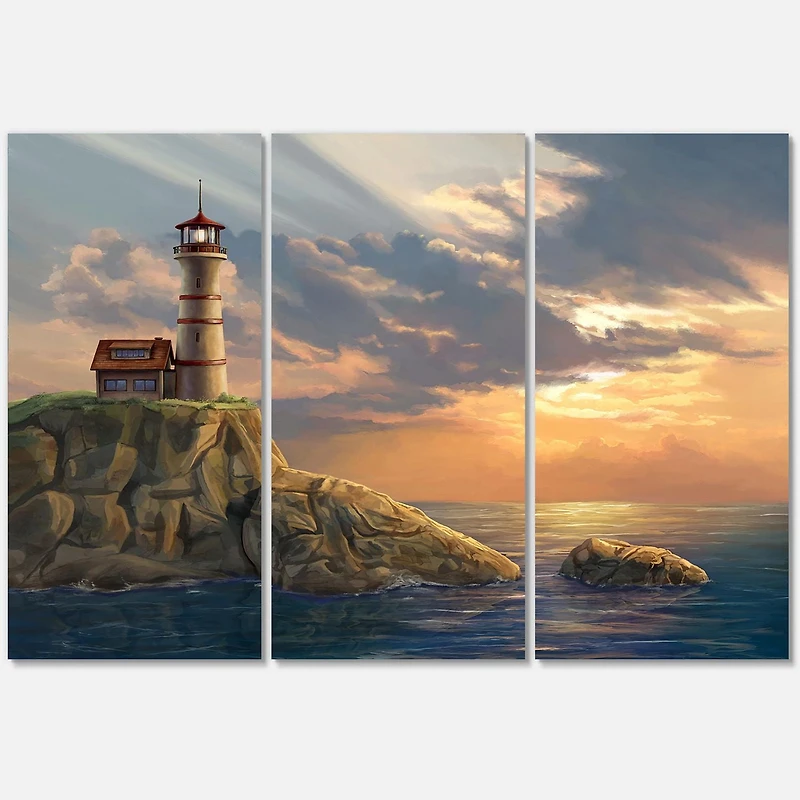 Designart Lighthouse On A Rocky Coastal Cliff At Sunset Canvas Wall Art