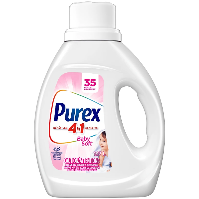 Détergent à lessive liquide hypoallergénique concentré, Purex Baby Soft, sans colorant, testé par des dermatologues pédiatriques, 1,17 L, 35 brassées, compatible avec les laveuses HE