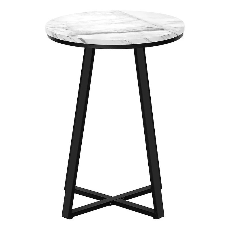 Monarch Specialties Table D'appoint, Coté, Rond, Bout, Table De Nuit, Lampe, Salon, Chambre À Coucher, Stratifié Aspect Marbre Blanc, Métal Noir, Contemporain, Moderne