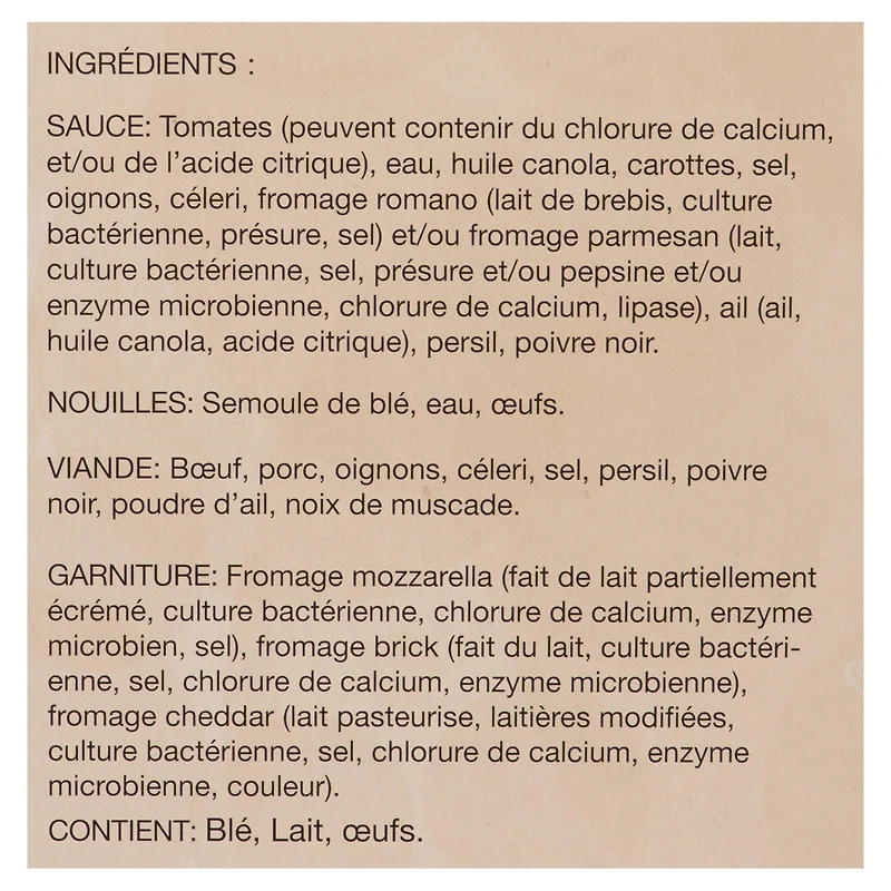 Lasagne Roman avec sauce à la viande et une mélange de quatre fromages 2,27 kg