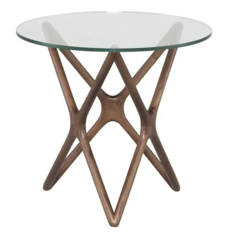 Table de bout Star avec plateau en verre et base en bois en forme d'étoile