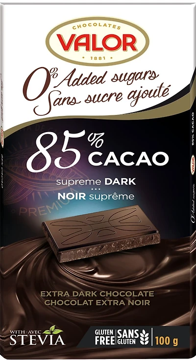 Valor Dark Chocolate 85% Cacao No Sugar Added, 100g