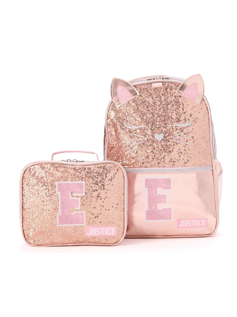 Ensemble sac à dos « E » Kitty rose pailleté Purr-fectly