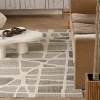 Tapis d'interieur exterieur abstrait Rug Branch Hogar, gris creme, moderne - Salon, chambre, salle a manger et cuisine
