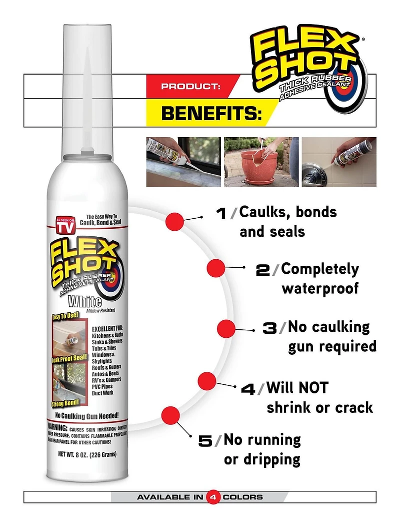 FLEX SHOT CLEAR 8 OZ THICK RUBBER ADHESIVE SEALANT, CAULK, BOND, & SEAL