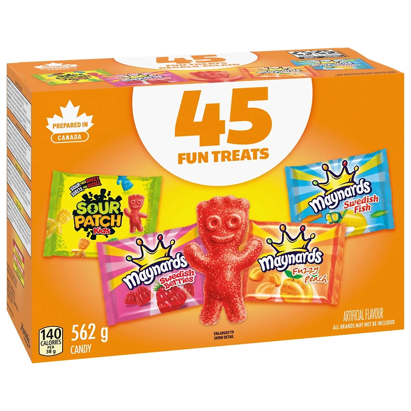 Maynards, Assorted Gummy Candy (Pack of 45), Sour Patch Kids, Fuzzy Peach, Swedish Berries, Swedish Fish, Bulk Candy, Individually Wrapped, Sour Candy, 562 g