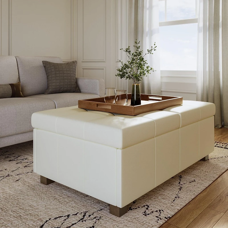 CorLiving Antonio Premium Faux Leather Deluxe Double Storage Ottoman with Wood Legs