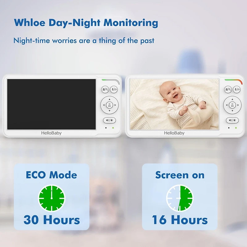 HelloBaby 6.0" LCD Wireless Video Baby Monitor, 4000mAh Rechargeable Battery, Remote Pan-Tilt-Zoom
