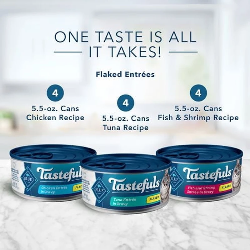 Blue Buffalo Tastefuls Tuna, Chicken and Fish/Shrimp in Gravy Flaked Adult Wet Cat Food, 12x156g