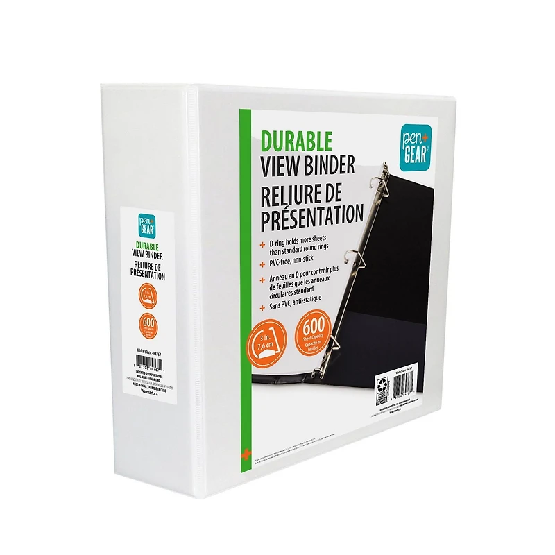 PEN+GEAR 3"DURABLE VIEW BINDER, Slant D-Ring, WHITE, PG DV 3`` BDR WHT