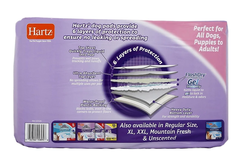 Hartz Home Protection Odour Eliminating Dog Pee Pads and Training Pads for Puppies and Adult Dogs 3XL, 30ct Dog Pad (36"x36")