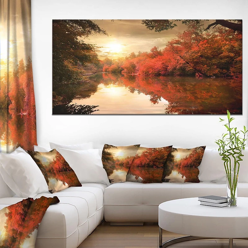 Designart Colorful Fall Sunset over River Canvas Wall Art
