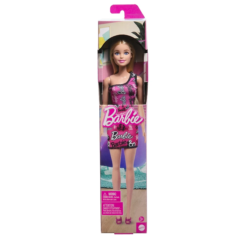 Barbie Poupée mode avec cheveux blonds lissés, robe rose, chaussures
