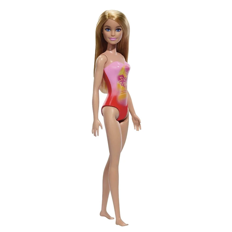 Beach Barbie Doll with Blond Hair Wearing Pink Palm Tree-Print Swimsuit