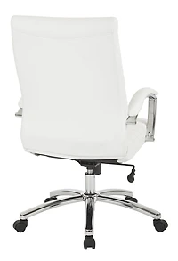 Executive Mid-Back Chair in White Faux Leather with Padded Arms and Chrome Finish Base