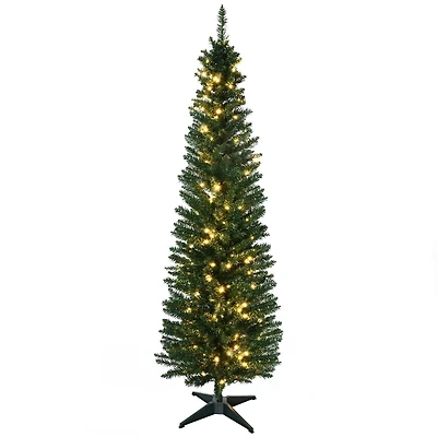 HOMCOM Sapin de Noël artificiel mince pré-illuminé de 1,8 m avec 390 pointes et 200 lumières LED blanc chaud