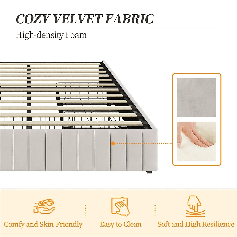 Fullfurnique Cadre de Lit Capitonné avec Trois Tiroirs de Rangement, Queen, Beige