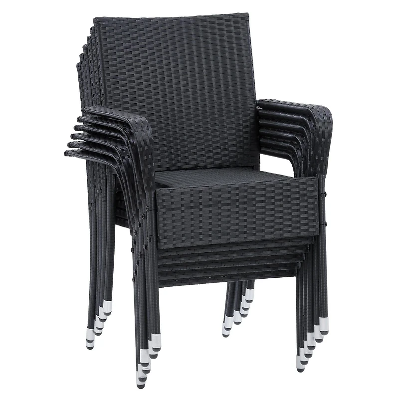 CorLiving Parksville 7-Piece Rectangle Resin Wicker Patio Dining Set- Stackable Chairs - Black Finish/Ash Grey Cushions