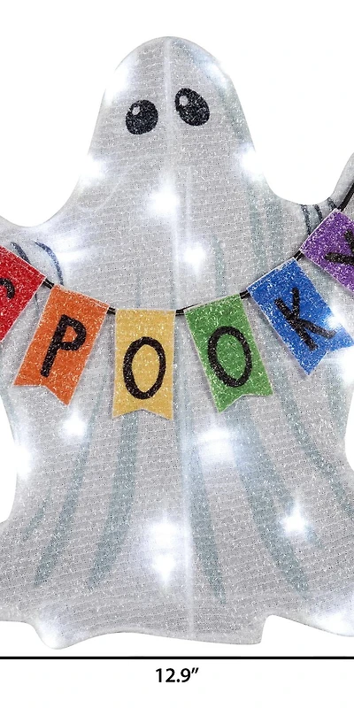 18” Halloween Lighted Yard Décor Easel Ghost with Banner (White)