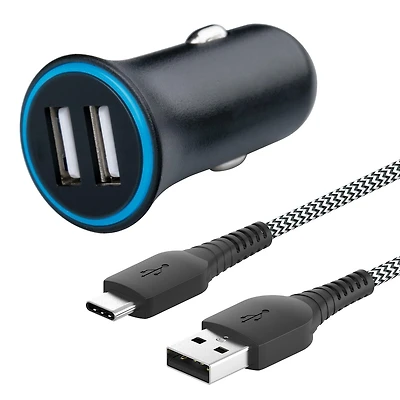 Trousse de chargement à deux ports de 2,4 A pour la voiture avec câble USB vers USB-C de 0,9 m (3 pi) de onn.