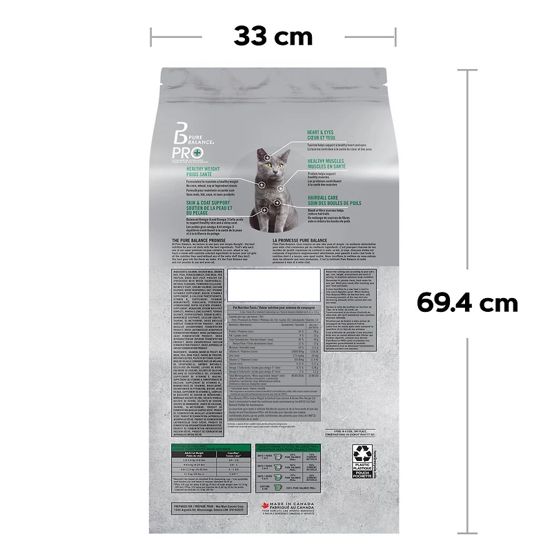 Pure Balance Pro+ Chat d’Intérieur Soin du Poids et Boules de Poils Recette Saumon et Riz Brun Nourriture sèche pour chat 100 g