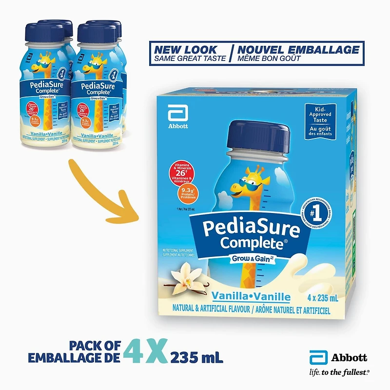PediaSure Complete, Nutritional Supplement, Kids Nutritional Shake That Can Be Used As Breakfast Drink With Meal, Vanilla, 4 x 235-mL Bottles, 4 x 235 mL (4-pack)
