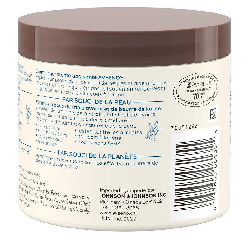 Crème hydratante apaisante Aveeno, lotion pour le corps, beurre de karité, extrait d'avoine, hydratant pour peau très sèche, sans parfum