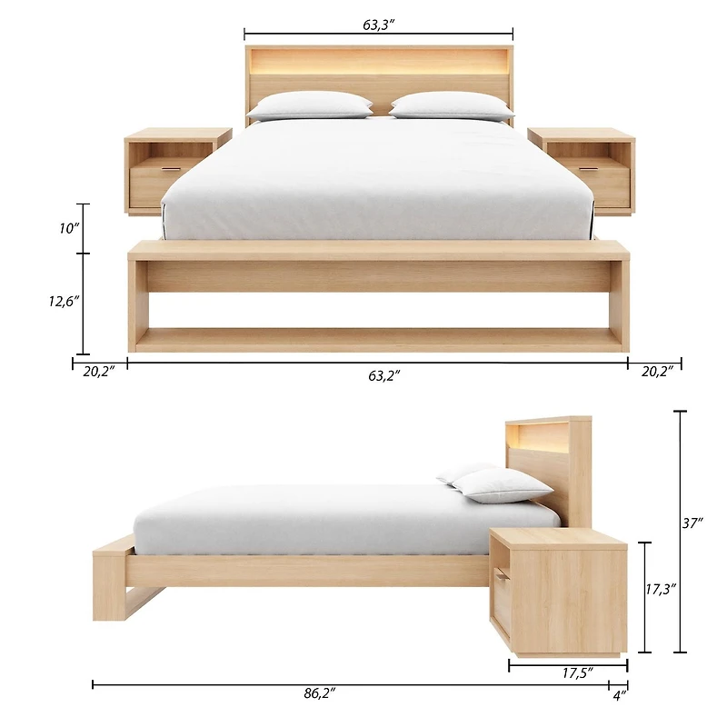 Gael 4 Piece Queen Size Bedroom Set with Slatted Bedframe, Headboard with Integrated Light, 2 Nightstands