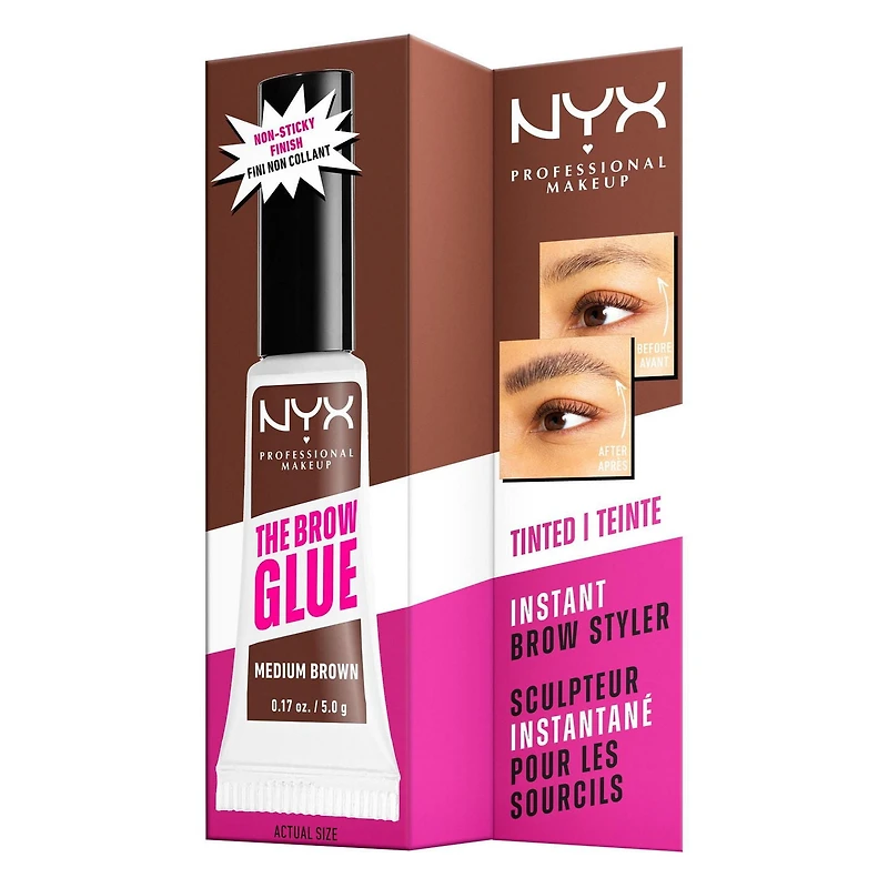 NYX PROFESSIONAL MAKEUP, The Brow Glue, Outil instantané pour les sourcils, Tenue extrême 16hres, Formule végane - Warm Brown, 0.18oz / 5g Colle à sourcils teintée