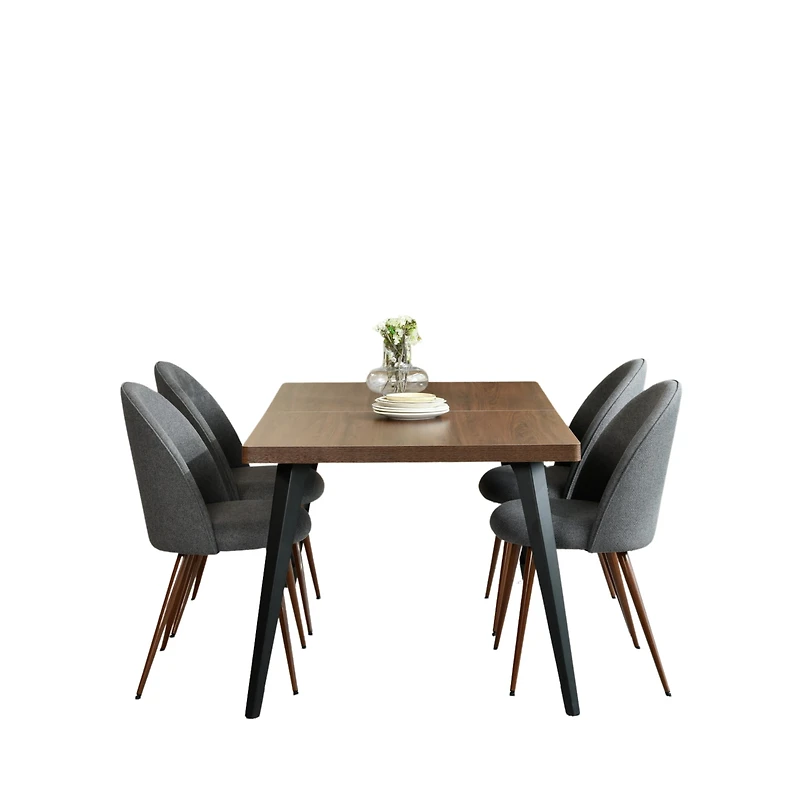 Homy Casa Modern 5-Piece Rectangular Fuax Walnut Dining Table Set with Padded Chairs, Grey Fabric