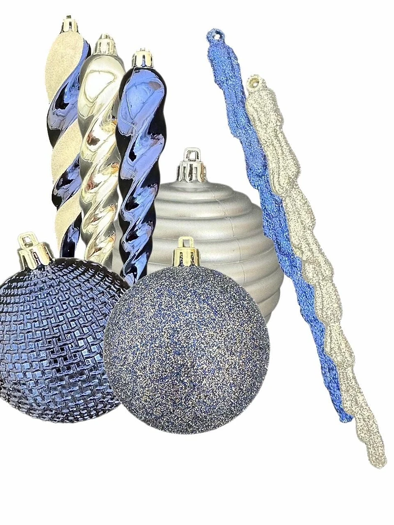 Tour d’ornement Holiday Time de 70 pièces en bleu, argent et blanc Tour d’ornement de 70 points du temps des fêtes