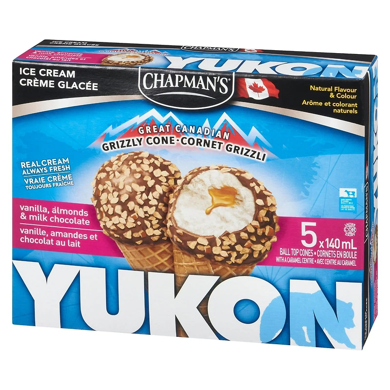 Chapman's Yukon Grizzly Vanilla and Almonds Ice Cream Cone in a Box, 5 x 140mL