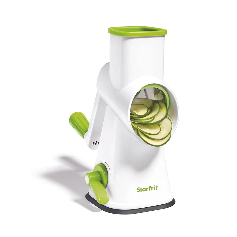 Starfrit Râpe à Tambour Avec 4 Barillets en Inox Interchangeables, Lames Ultra Tranchantes, Base Ventouse Stable, Poussoir Sécuritaire, Parfaite Pour Râper Et Trancher Légumes, Fromage, Glace Râpée Râpez, tranchez ou râpez finement avec la râpe rotative Starfrit. Comprend 3 barillets en acier inoxydable, base ventouse et poussoir sécuritaire. Aucun assemblage requis. Parfait pour légumes, fromages, chocolat, glace et plus!
