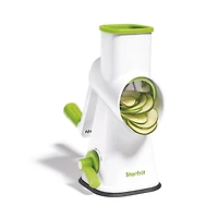 Starfrit Râpe à Tambour Avec 4 Barillets en Inox Interchangeables, Lames Ultra Tranchantes, Base Ventouse Stable, Poussoir Sécuritaire, Parfaite Pour Râper Et Trancher Légumes, Fromage, Glace Râpée Râpez, tranchez ou râpez finement avec la râpe rotative Starfrit. Comprend 3 barillets en acier inoxydable, base ventouse et poussoir sécuritaire. Aucun assemblage requis. Parfait pour légumes, fromages, chocolat, glace et plus!