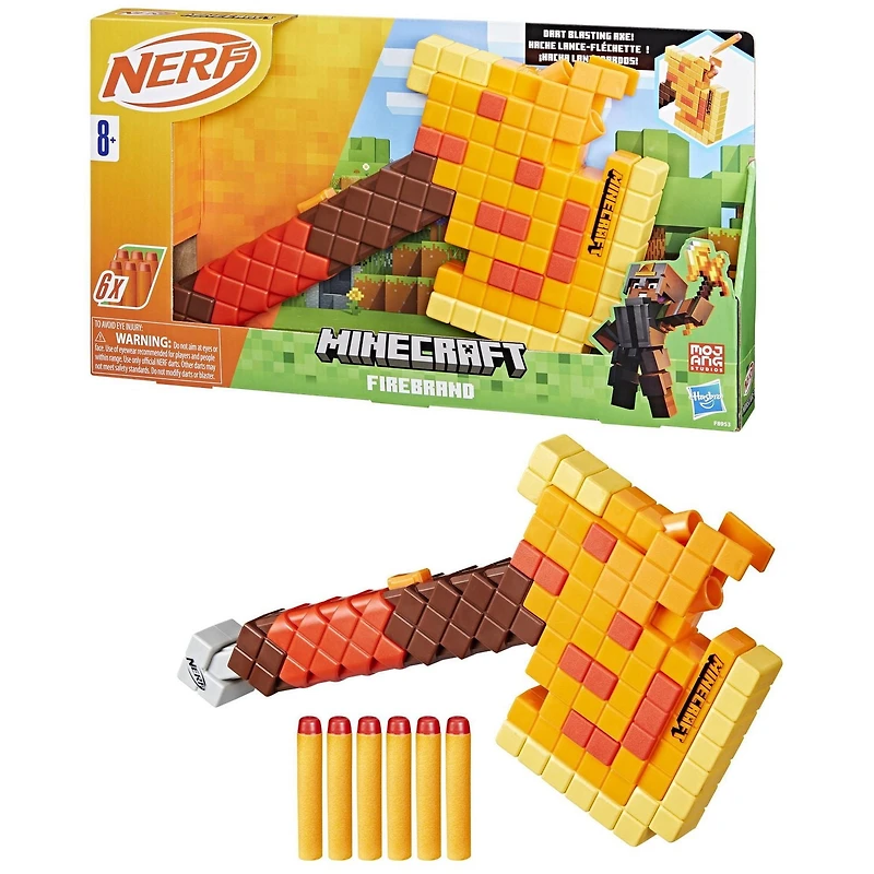 Nerf Minecraft Firebrand, hache lance-fléchette, 6 fléchettes en mousse Nerf Elite, design inspiré de la hache dans le jeu Minecraft, poignée d'amorçage, jouets Minecraft