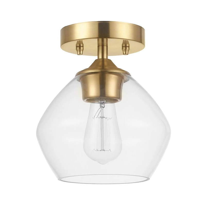 Plafonnier quasi affleurant à 1 ampoule Harrow, laiton mat, abat-jour en verre transparent