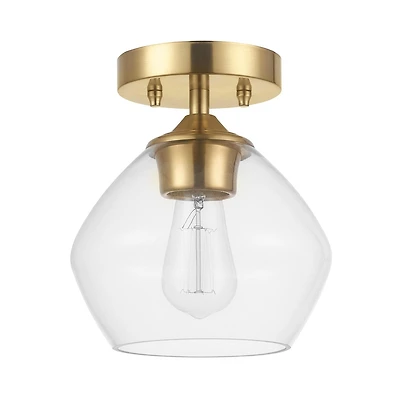 Plafonnier quasi affleurant à 1 ampoule Harrow, laiton mat, abat-jour en verre transparent