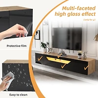 Homy Casa 64.9" Floating TV Stand for TVs up to 65", Wall Mounted Media Console with App-Controlled LED, Black Gloss & Oak