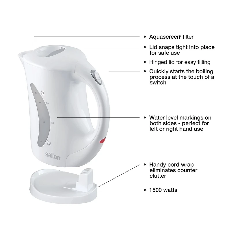 Salton bouilloire électrique 1,7 litre – blanc – 1500 watt