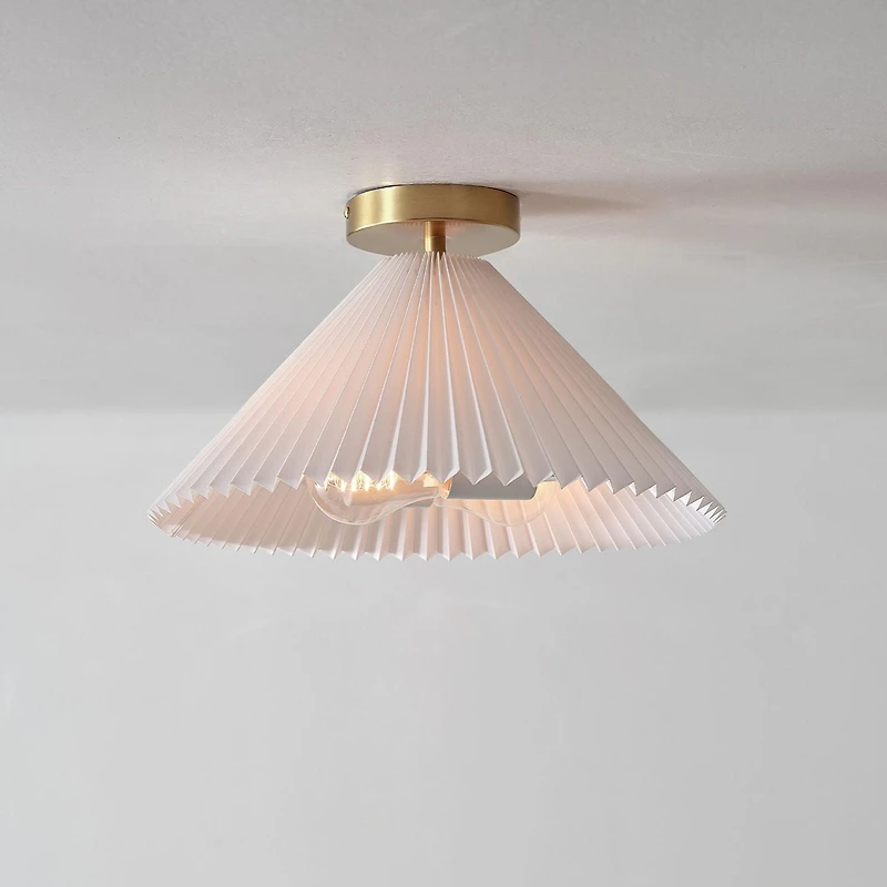Novogratz x Globe 2-Light Matte Brass Flush Mount Ceiling Light with Off-White Pleated Fabric Shade