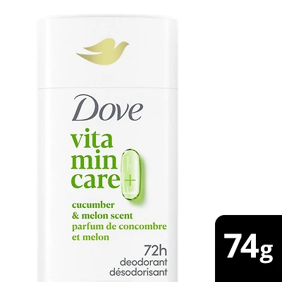Dove Vitamin Care+ Cucumber & Melon Scent Aluminum-Free Deodorant Stick, 72h Breathable Odour Protection, 74g
