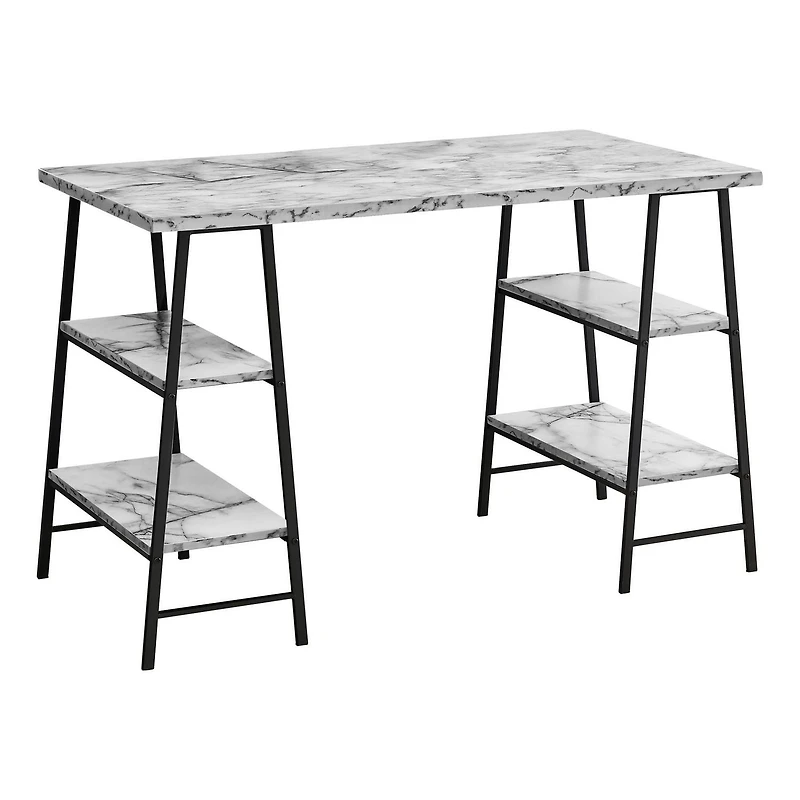 Monarch Specialties Computer Desk, Home Office, Laptop, Storage Shelves, 48"l, Work, Metal, Laminate, White Marble Look, Black, Contemporary, Modern